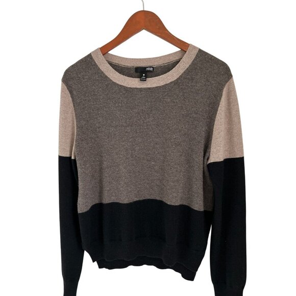 Aqua 100% Cashmere Colorblock Sweater Beige Brown Crewneck Cream Beige  - Large - Picture 1 of 6